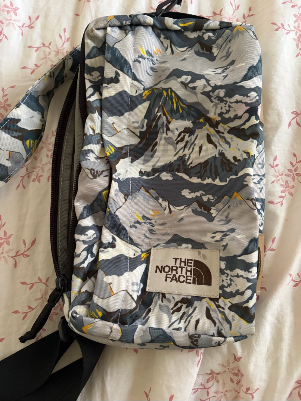 The North Face Gray, White and Yellow Mountain-Print Crossbody Pouch